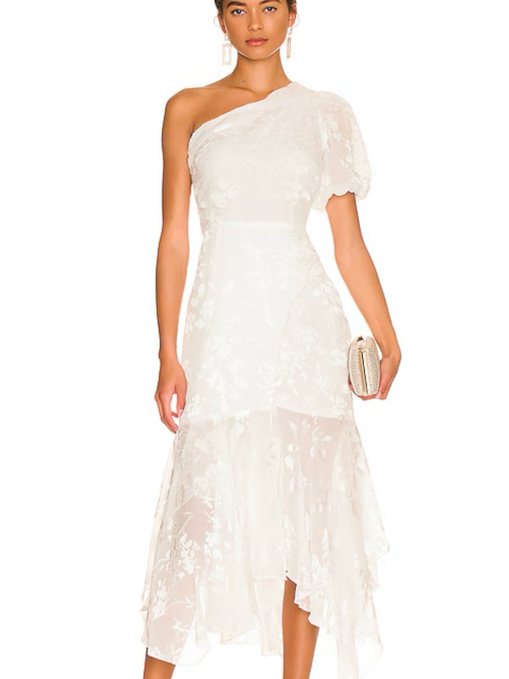 One-Shoulder White Floral Midi Dress